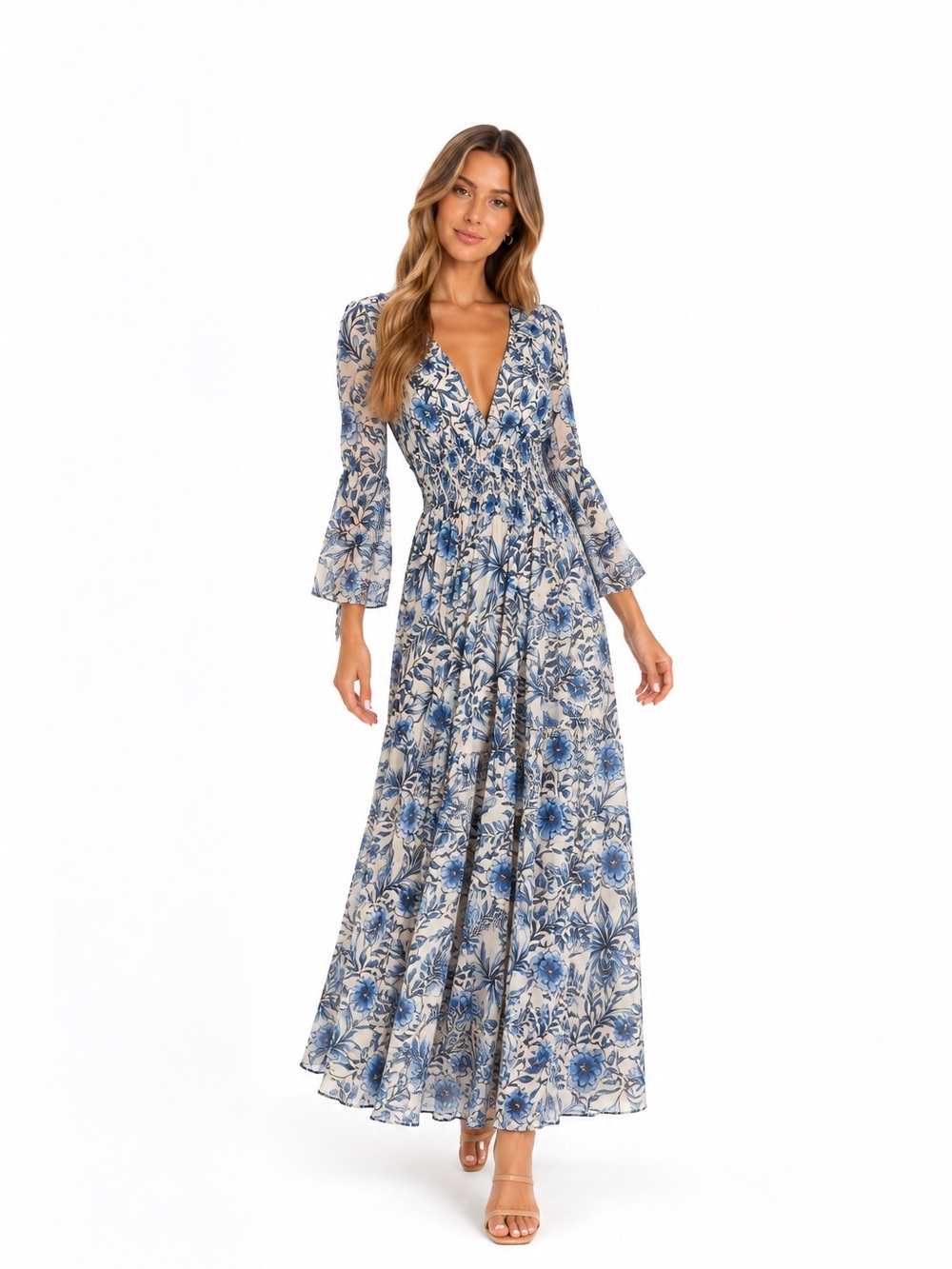 MISA Los Angeles Blue Floral Smocked Maxi Dress – Size XS | NWT